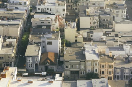 An overhead view of a city neighborhood